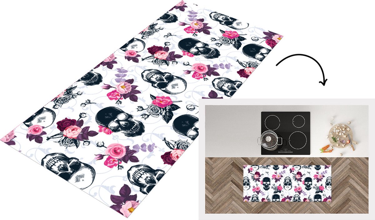 KitchenYeah Keukenloper - Loper keuken - Tieners - Skull - Roos - Patronen - 120x50 cm - Keukenloper vinyl Multicolor