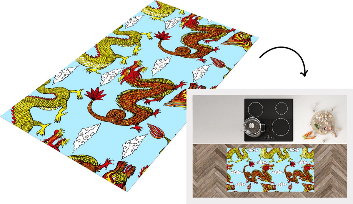 KitchenYeah Keukenloper - Loper keuken - Draak - Chinees - Patronen - 120x60 cm - Keukenloper vinyl Multicolor