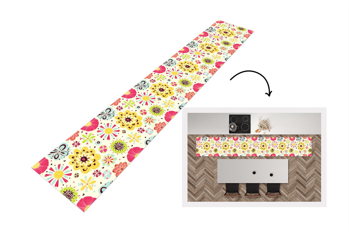 KitchenYeah Keukenloper - Loper keuken - Hart - Bloemen - Patronen - 300x50 cm - Keukenloper vinyl Multicolor