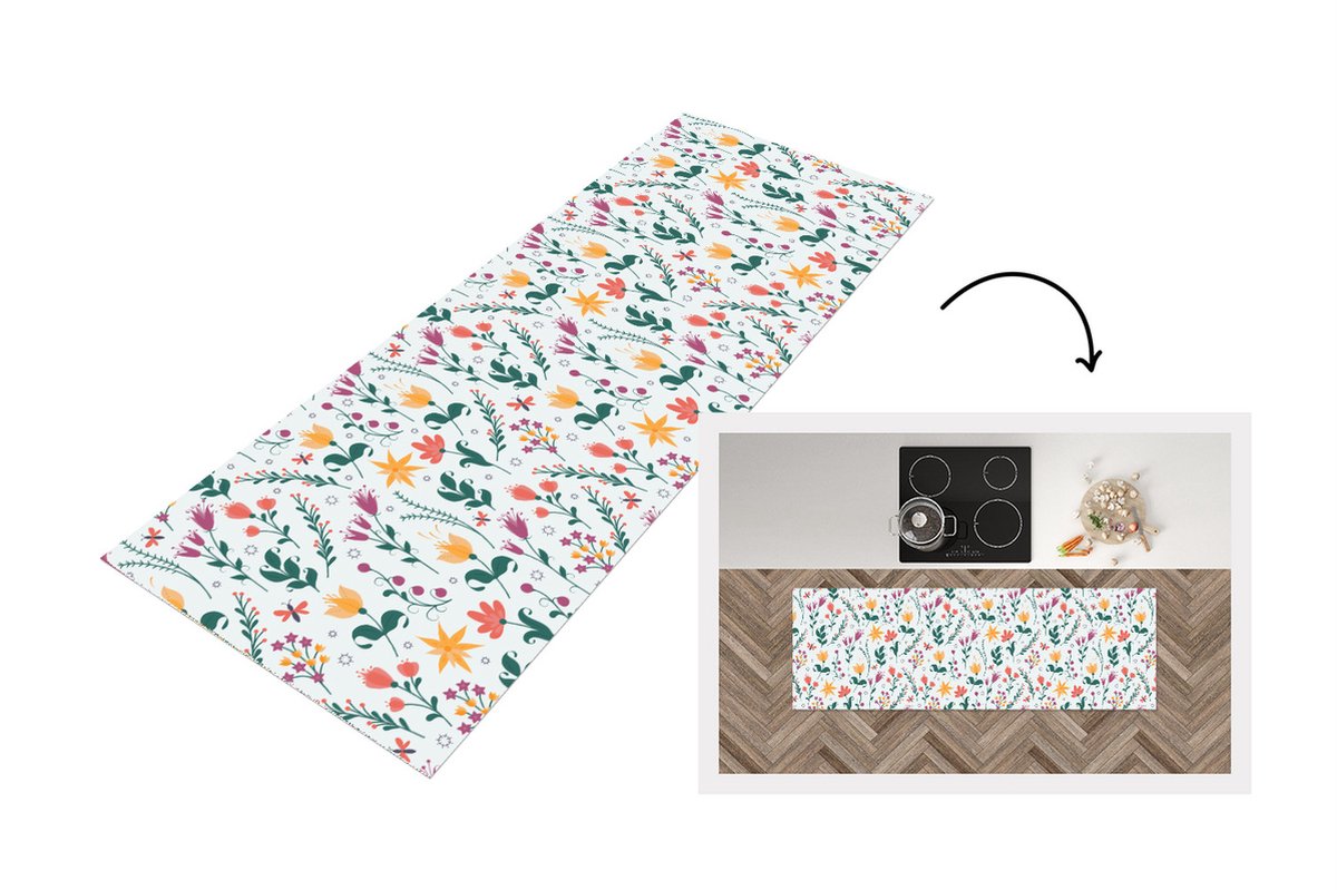 KitchenYeah Keukenloper - Loper keuken - Patronen - Bloemen - Bladeren - 150x50 cm - Keukenloper vinyl Multicolor