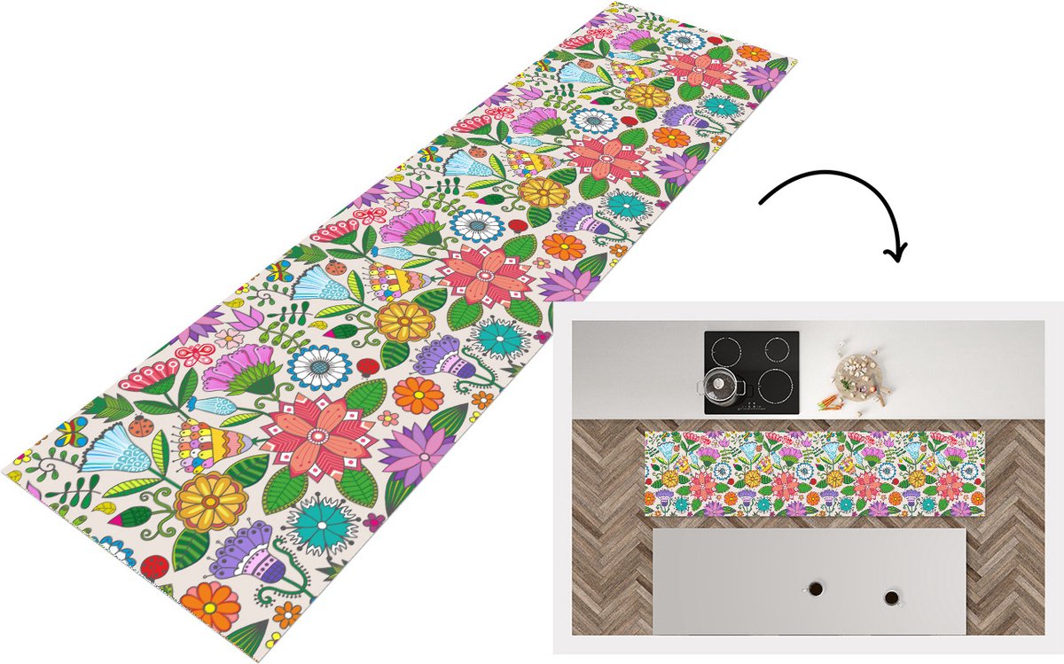 KitchenYeah Keukenloper - Loper keuken - Bloemen - Regenboog - Vlinder - Design - 200x50 cm - Keukenloper vinyl Multicolor