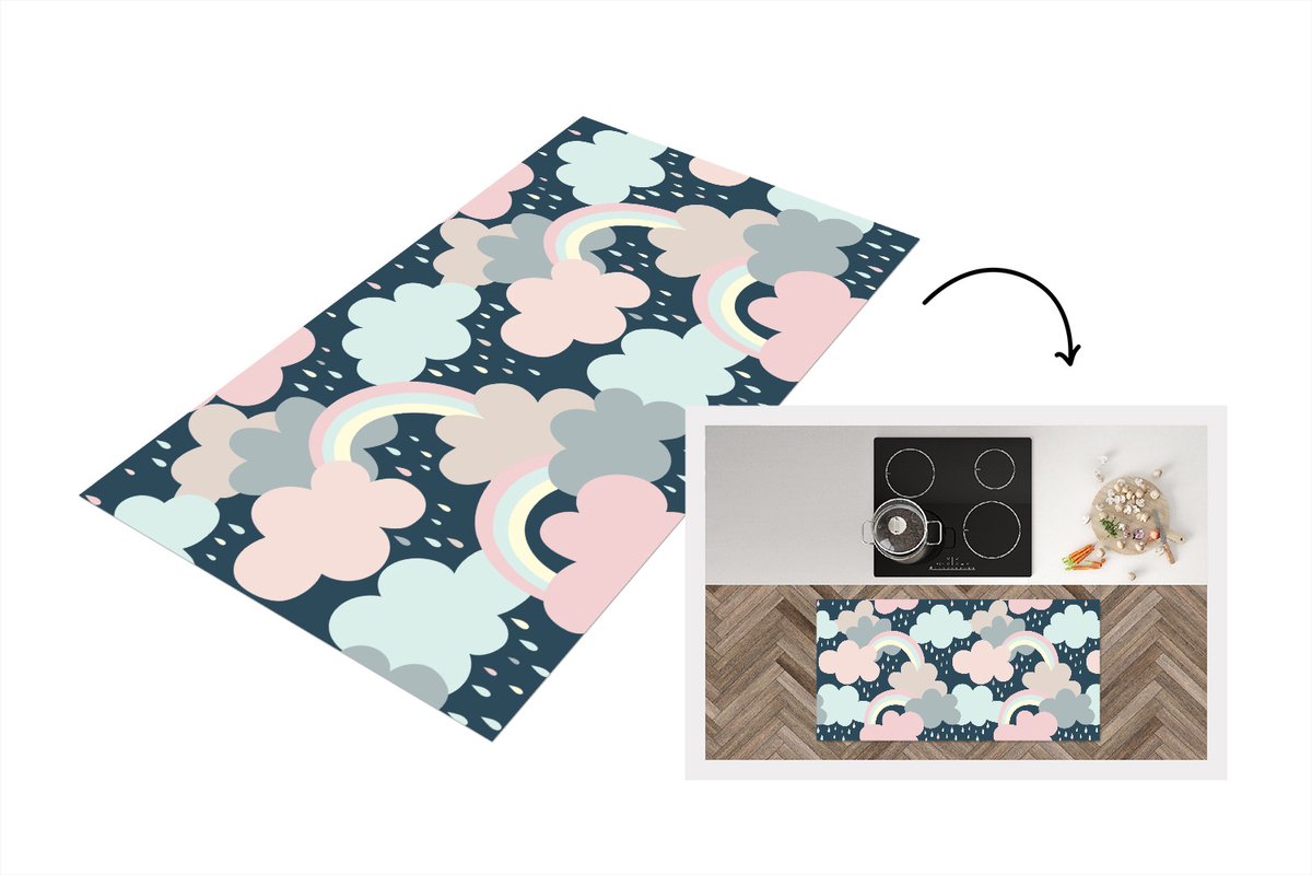 KitchenYeah Keukenloper - Loper keuken - Regenboog - Wolk - Regen - Kinderen - Patronen - 120x60 cm - Keukenloper vinyl Multicolor