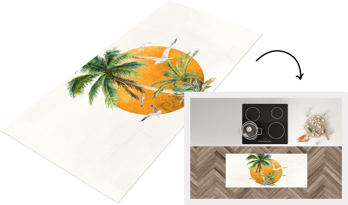 KitchenYeah Keukenloper - Loper keuken - Palmboom - Vogel - Strand - 120x50 cm - Keukenloper vinyl Multicolor