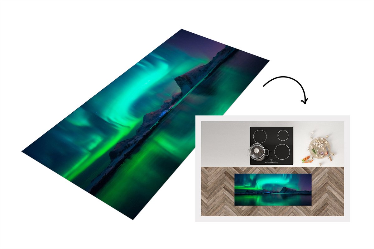 KitchenYeah Keukenloper - Loper keuken - Noorderlicht - Berg - Noorwegen - 120x50 cm - Keukenloper vinyl Multicolor