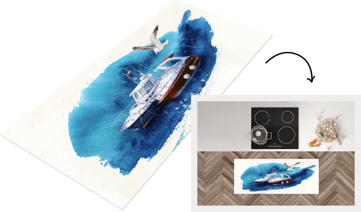 KitchenYeah Keukenloper - Loper keuken - Boot - Zee - Waterverf - 120x50 cm - Keukenloper vinyl Multicolor