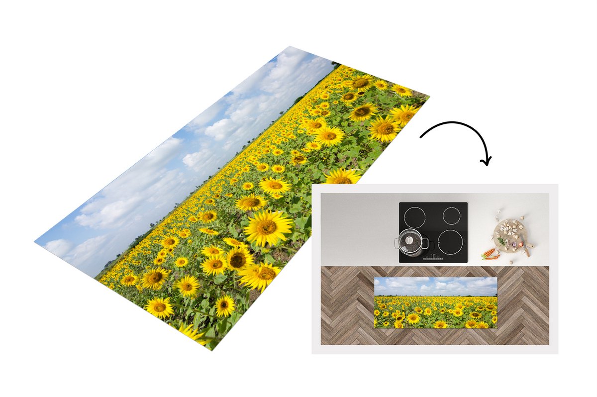 KitchenYeah Keukenloper - Loper keuken - Zonnebloemen - Wolken - Natuur - 120x50 cm - Keukenloper vinyl Multicolor