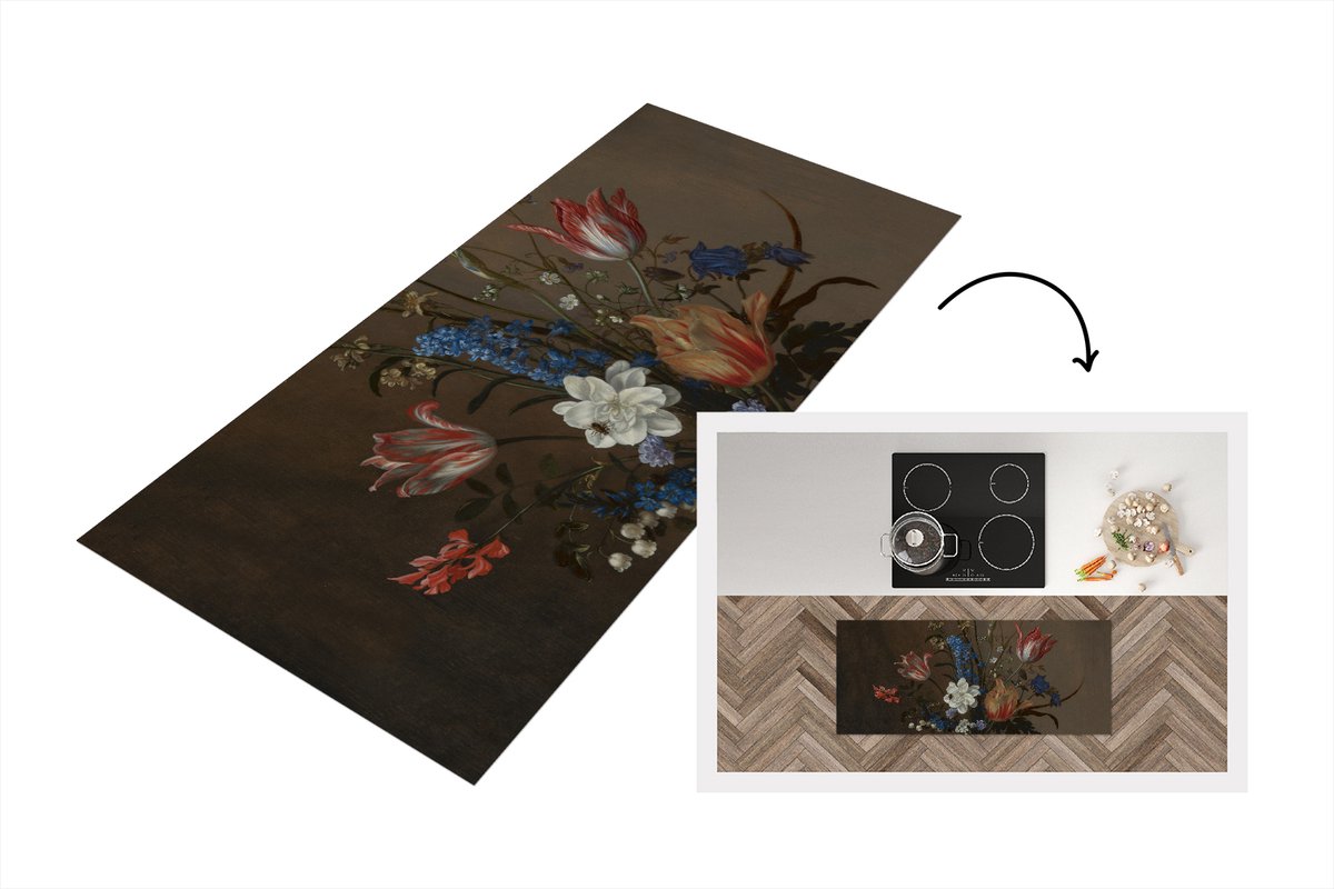 KitchenYeah Keukenloper - Loper keuken - Bloemen in een Wan-Li vaas en schelpen - Schilderij van Balthasar van der Ast - 120x50 cm - Keukenloper vinyl Multicolor