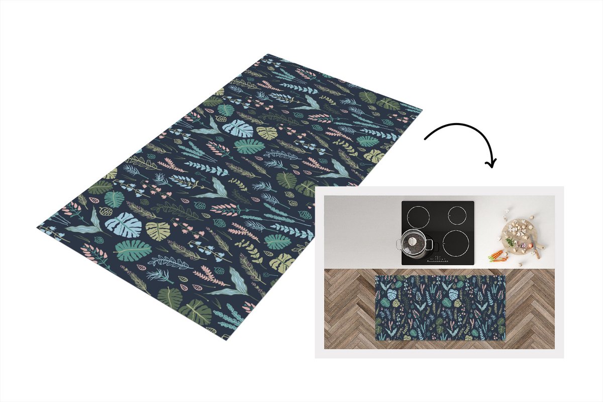 KitchenYeah Keukenloper - Loper keuken - Patroon - Jungle - Monstera - Bloemen - 120x60 cm - Keukenloper vinyl Multicolor