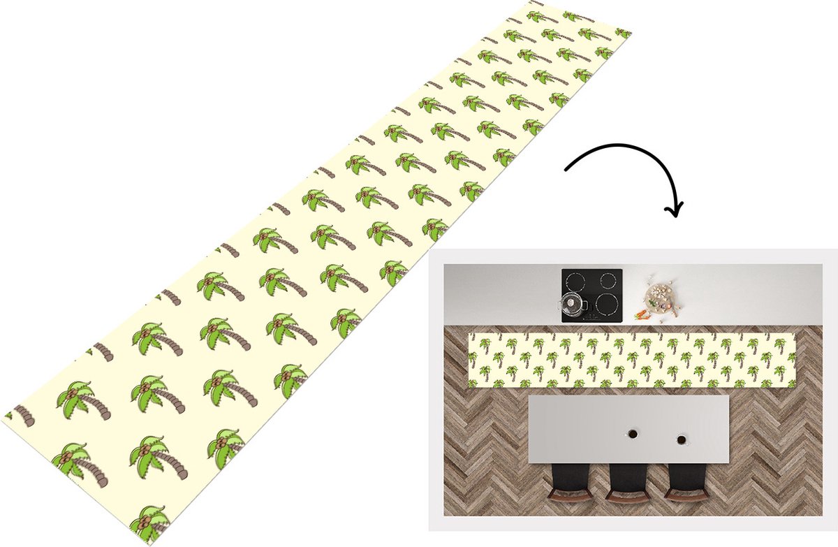 KitchenYeah Keukenloper - Loper keuken - Palmboom - Patronen - Kokosnoot - Tropisch - 300x50 cm - Keukenloper vinyl Multicolor