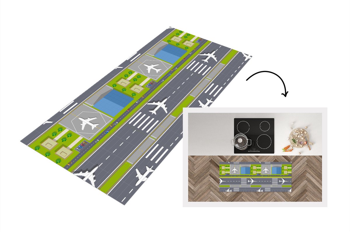 KitchenYeah Keukenloper - Loper keuken - Design - Vliegveld - Vliegtuig - Keukenloper vinyl Multicolor