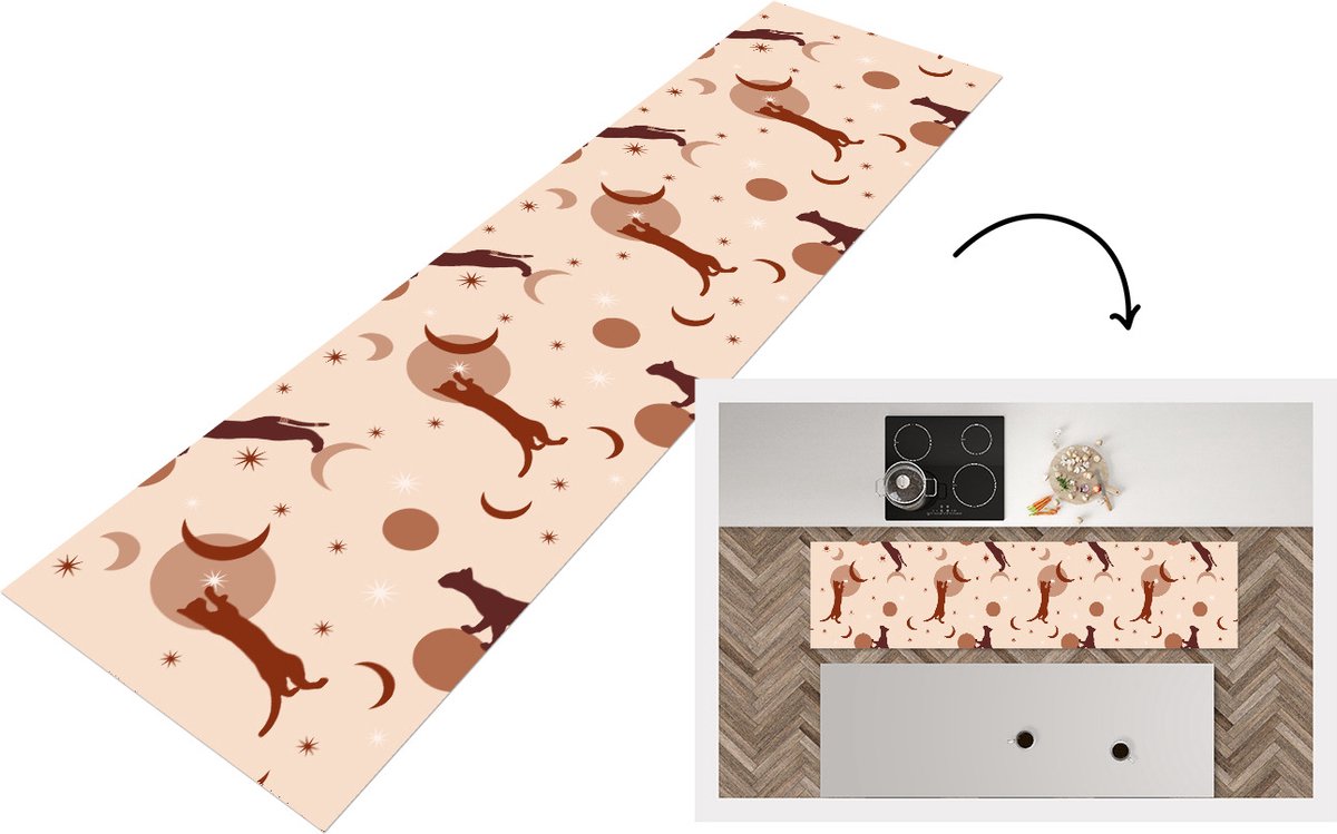 KitchenYeah Keukenloper - Loper keuken - Patronen - Kat - Maan - 200x50 cm - Keukenloper vinyl Multicolor