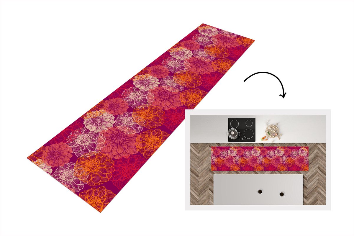 KitchenYeah Keukenloper - Loper keuken - Bloemen - Regenboog - Dahlia - Patronen - 200x50 cm - Keukenloper vinyl Multicolor