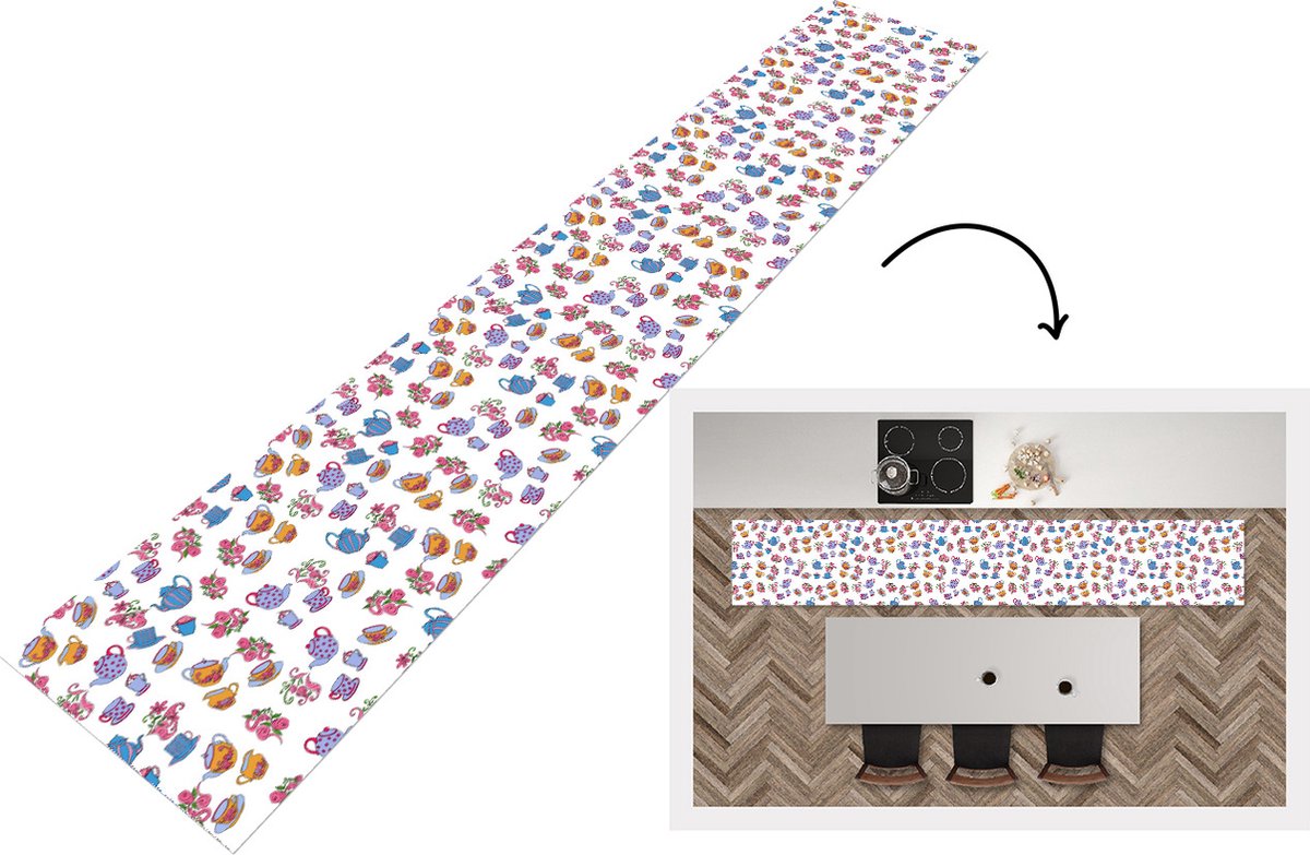 KitchenYeah Keukenloper - Loper keuken - Patronen - Thee - Rozen - Theepot - 300x50 cm - Keukenloper vinyl Multicolor