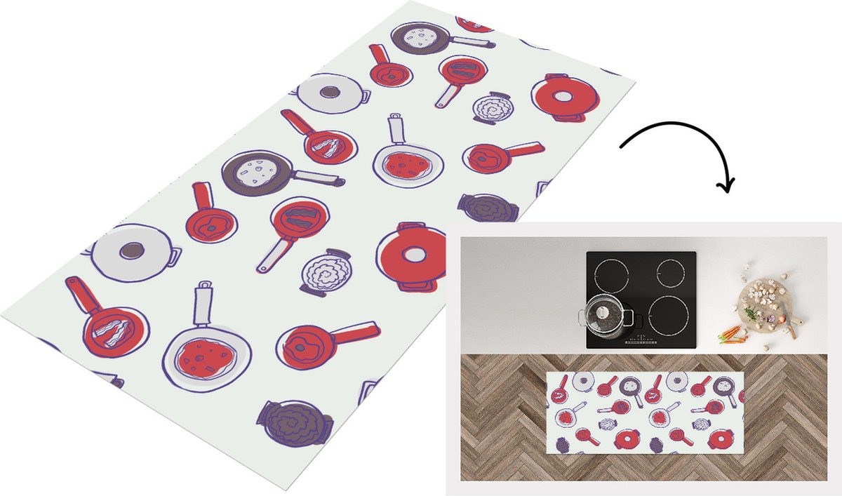 KitchenYeah Keukenloper - Loper keuken - Patroon - Koken - Pan - Eten - 120x50 cm - Keukenloper vinyl Multicolor