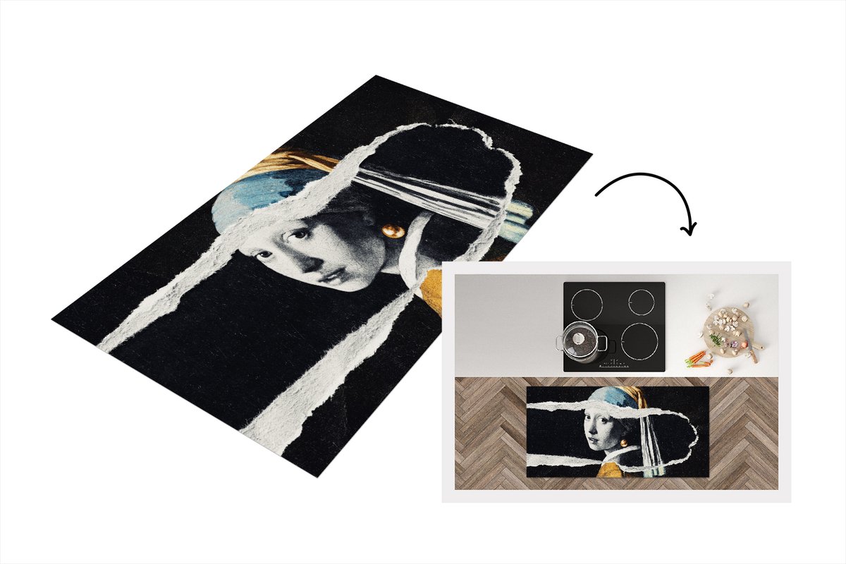 KitchenYeah Keukenloper - Loper keuken - Meisje met de parel - Goud - Zwart -Wit - 120x60 cm - Keukenloper vinyl Multicolor
