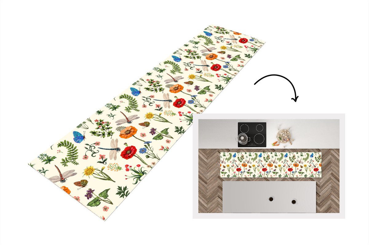KitchenYeah Keukenloper - Loper keuken - Insecten - Bloemen - Zomer - Regenboog - Patroon - Keukenloper vinyl multicolor, foto 7
