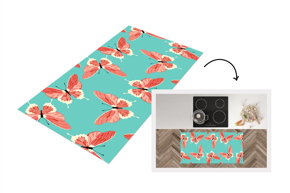 KitchenYeah Keukenloper - Loper keuken - Vlinders - Roze - Patroon - 120x60 cm - Keukenloper vinyl Multicolor