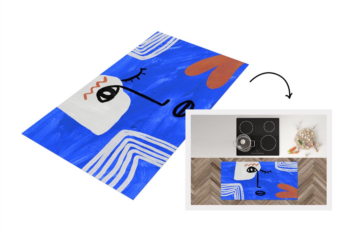 KitchenYeah Keukenloper - Loper keuken - Gezicht - Abstract - Blauw - 120x60 cm - Keukenloper vinyl Multicolor