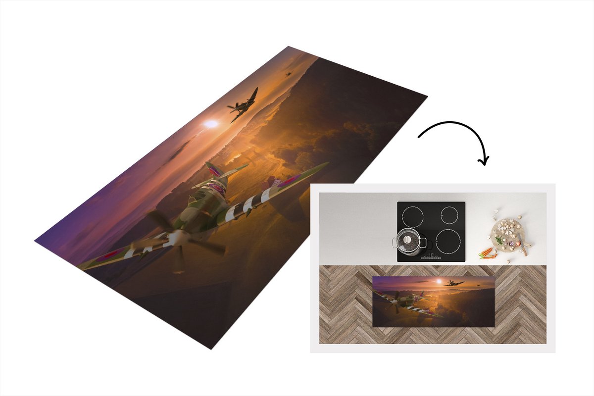 KitchenYeah Keukenloper - Loper keuken - Spitfire vliegtuigen bij zonsondergang - 120x50 cm - Keukenloper vinyl Multicolor