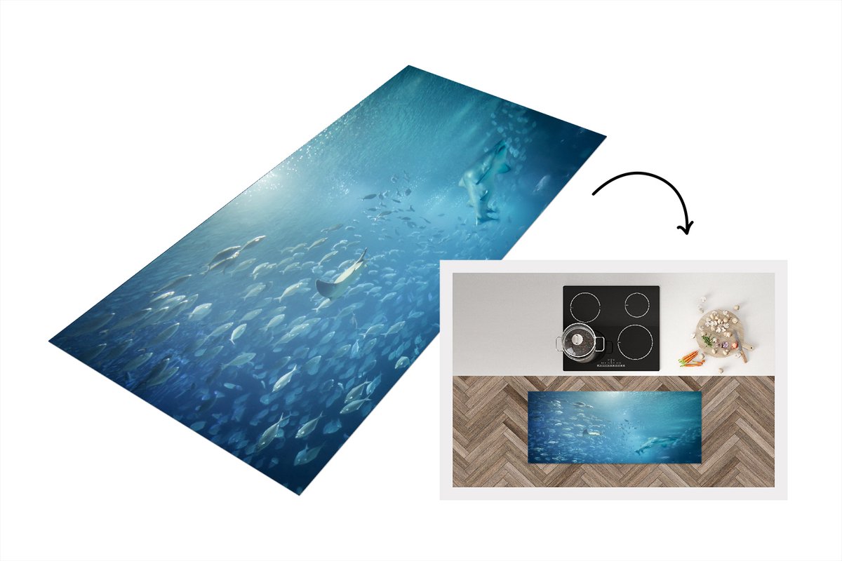 Keukenloper - Loper keuken - Een groot aquarium met dieren uit de Middellandse zee. - 120x50 cm - Keukenloper vinyl