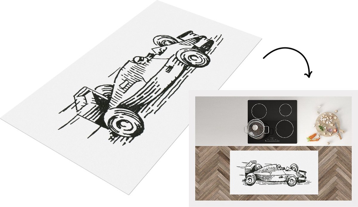 KitchenYeah Keukenloper - Loper keuken - Een zwart-witte illustratie van de raceauto van Formule 1 - 120x60 cm - Keukenloper vinyl Zwart; Wit