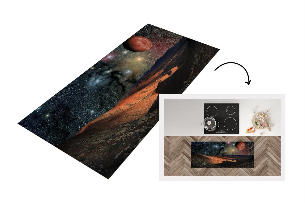 KitchenYeah Keukenloper - Loper keuken - een planeetoppervlak met sterren en planeten - 120x50 cm - Keukenloper vinyl Multicolor