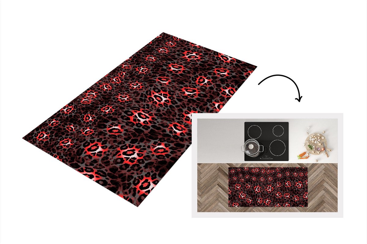 KitchenYeah Keukenloper - Loper keuken - Panterprint - Rood - Vacht - 120x60 cm - Keukenloper vinyl Multicolor