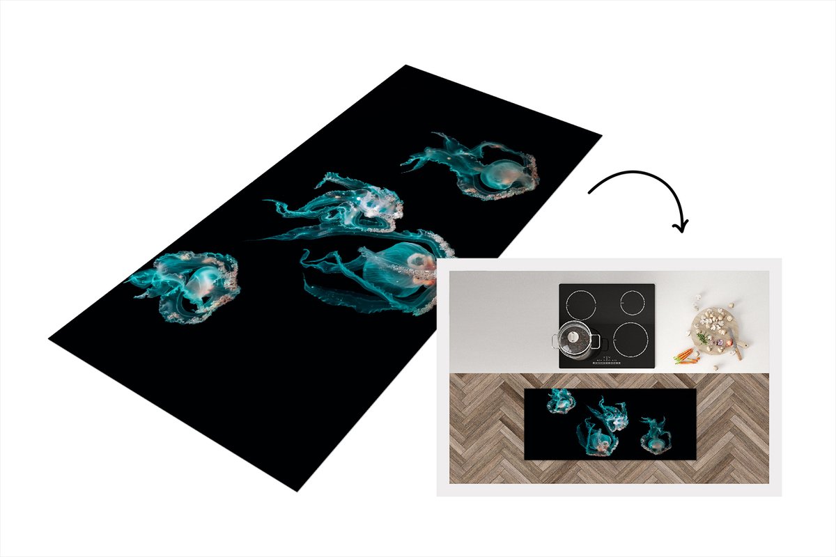 KitchenYeah Keukenloper - Loper keuken - Kwal - Zeedieren - Zwart - 120x50 cm - Keukenloper vinyl Multicolor