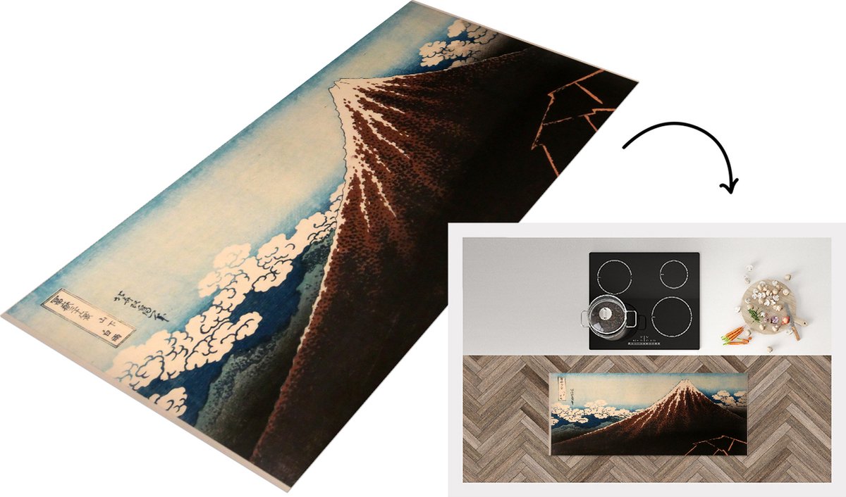 KitchenYeah Keukenloper - Loper keuken - Regenstorm onder de bergtop - schilderij van Kasushika Hokusai - 120x50 cm - Keukenloper vinyl Multicolor