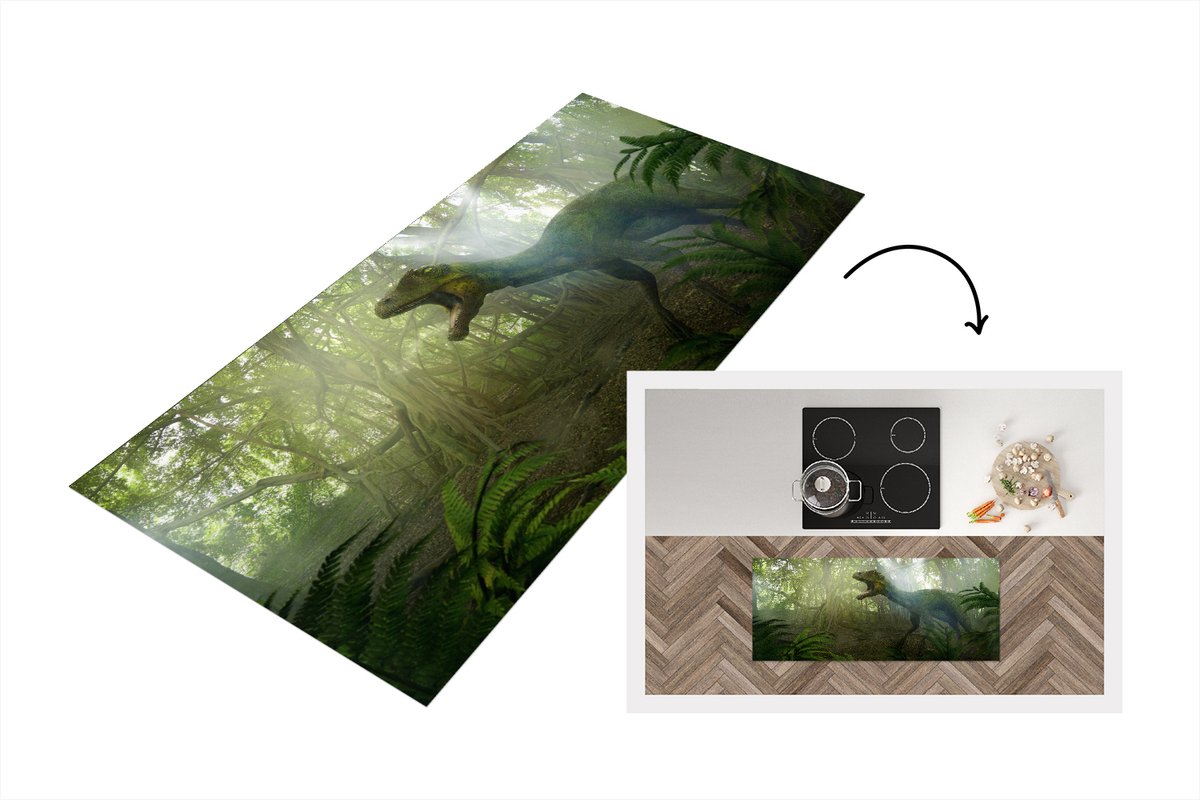 KitchenYeah Keukenloper - Loper keuken - Dinosaurus - Jungle - Planten - 120x50 cm - Keukenloper vinyl Multicolor
