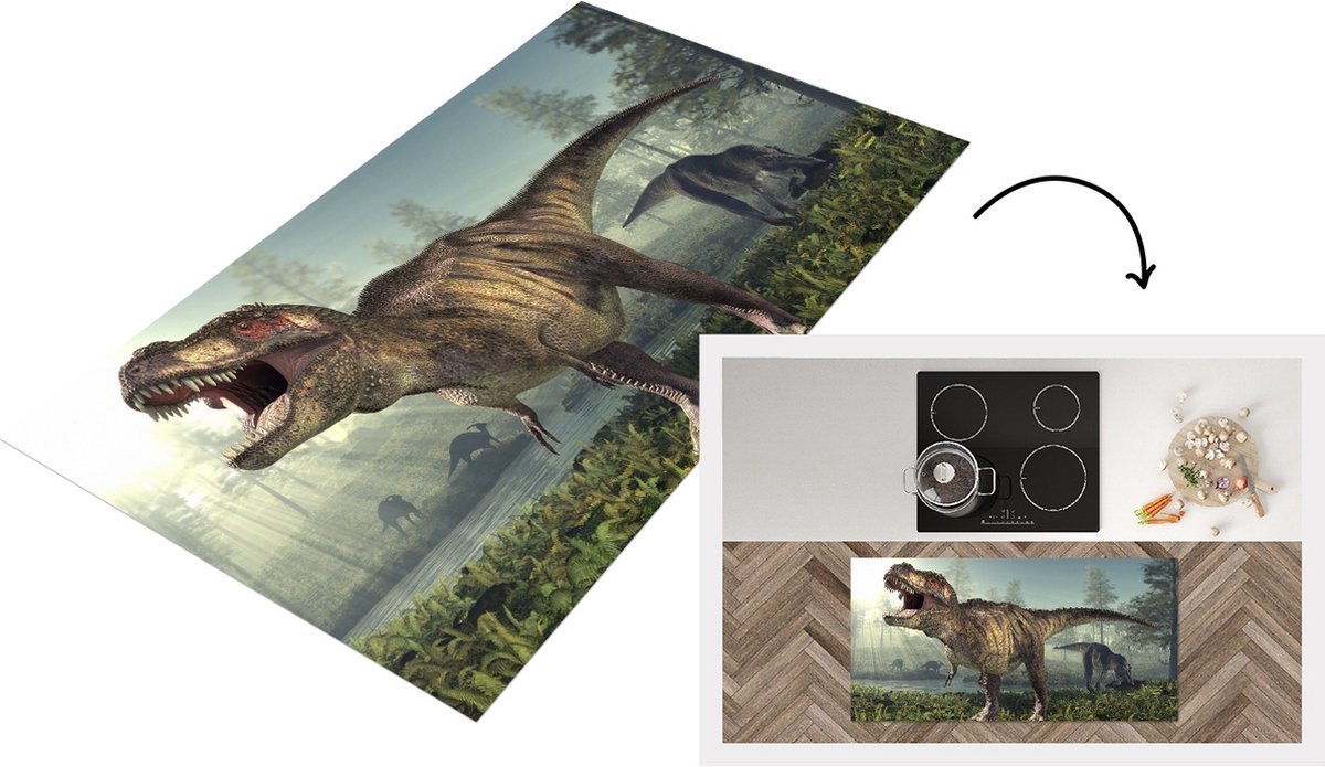 KitchenYeah Keukenloper - Loper keuken - Dino - Gras - Tekening - 120x60 cm - Keukenloper vinyl Multicolor