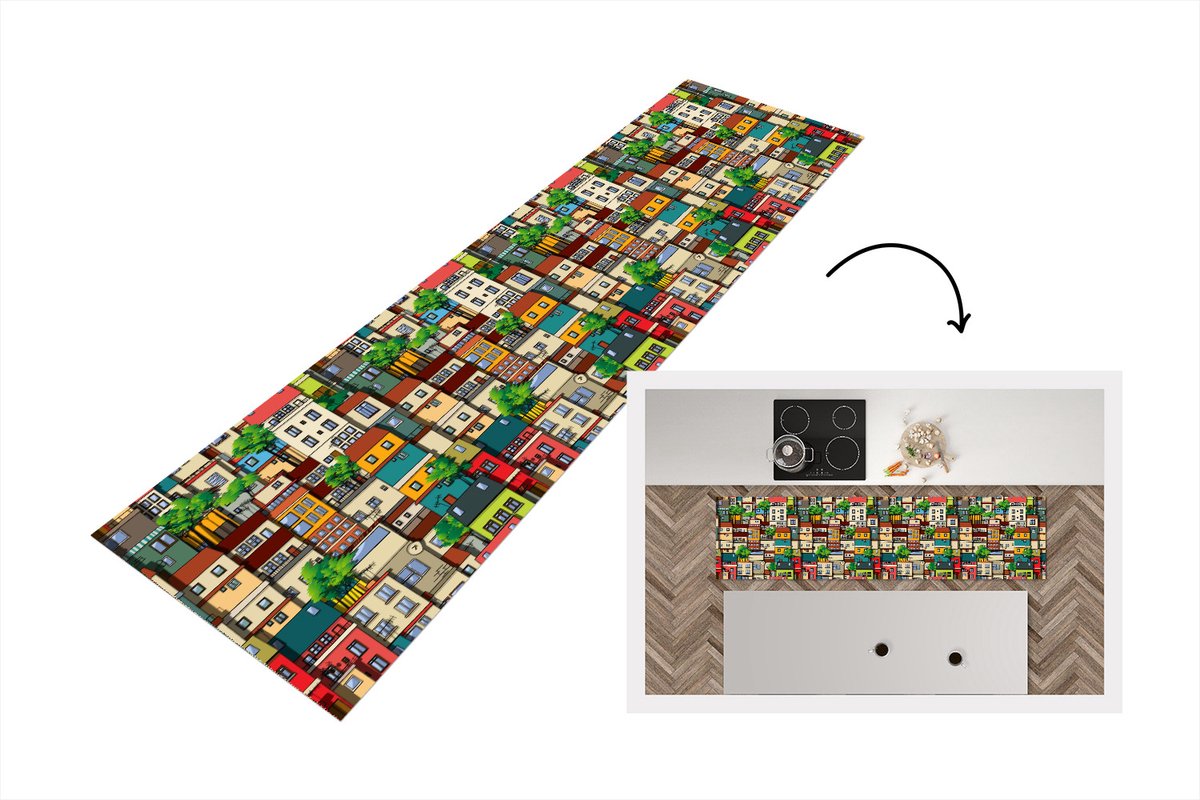 KitchenYeah Keukenloper - Loper keuken - Patronen - Huis - Boom - 240x60 cm - Keukenloper vinyl Multicolor