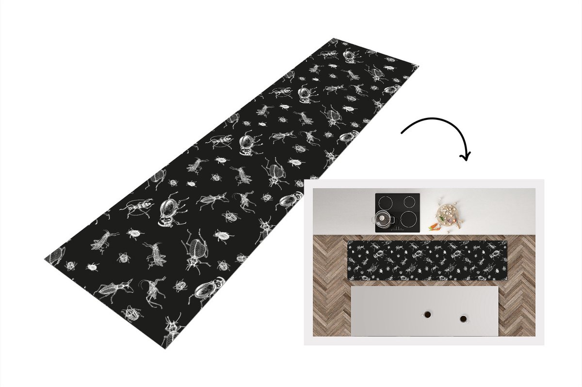 Keukenloper - Loper keuken - Patronen - Insecten - Zwart Wit - 240x60 cm - Keukenloper vin