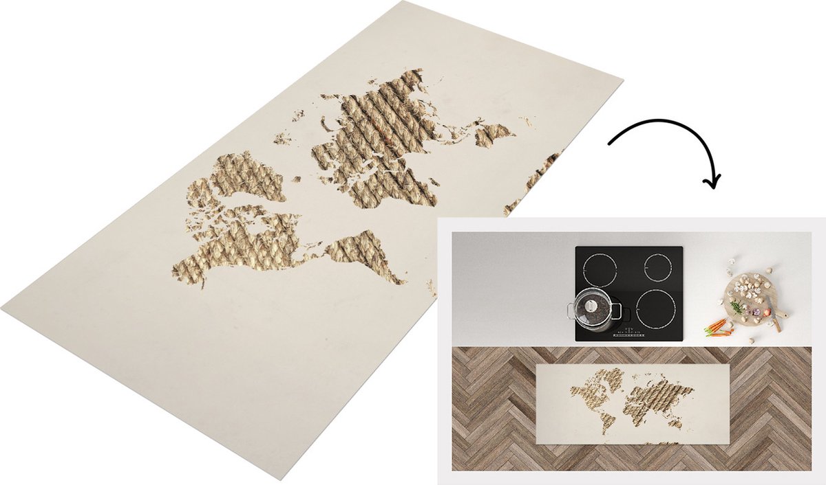 KitchenYeah Keukenloper - Loper keuken - Wereldkaart - Jute touw - Design - 120x50 cm - Keukenloper vinyl Multicolor