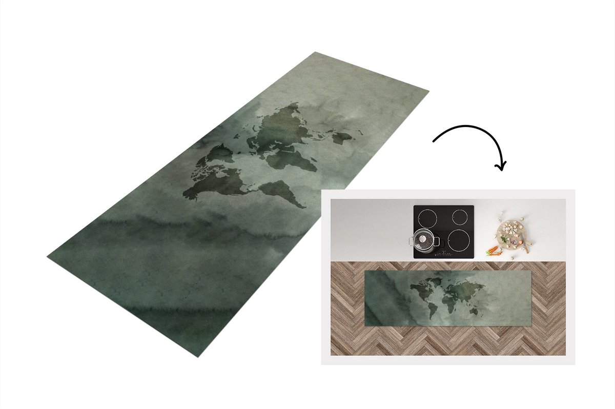 KitchenYeah Keukenloper - Loper keuken - Wereldkaart - Waterverf - Grijs - 150x50 cm - Keukenloper vinyl Multicolor