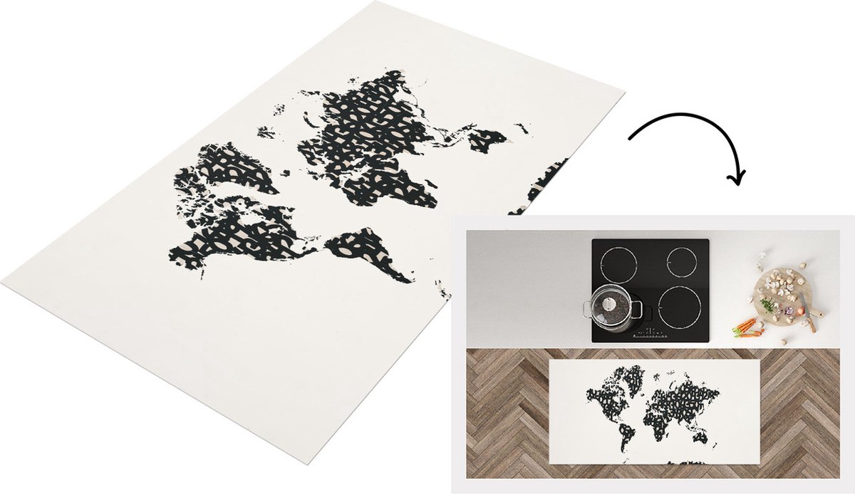 KitchenYeah Keukenloper - Loper keuken - Wereldkaart - Cijfers - Zwart - 120x60 cm - Keukenloper vinyl Multicolor