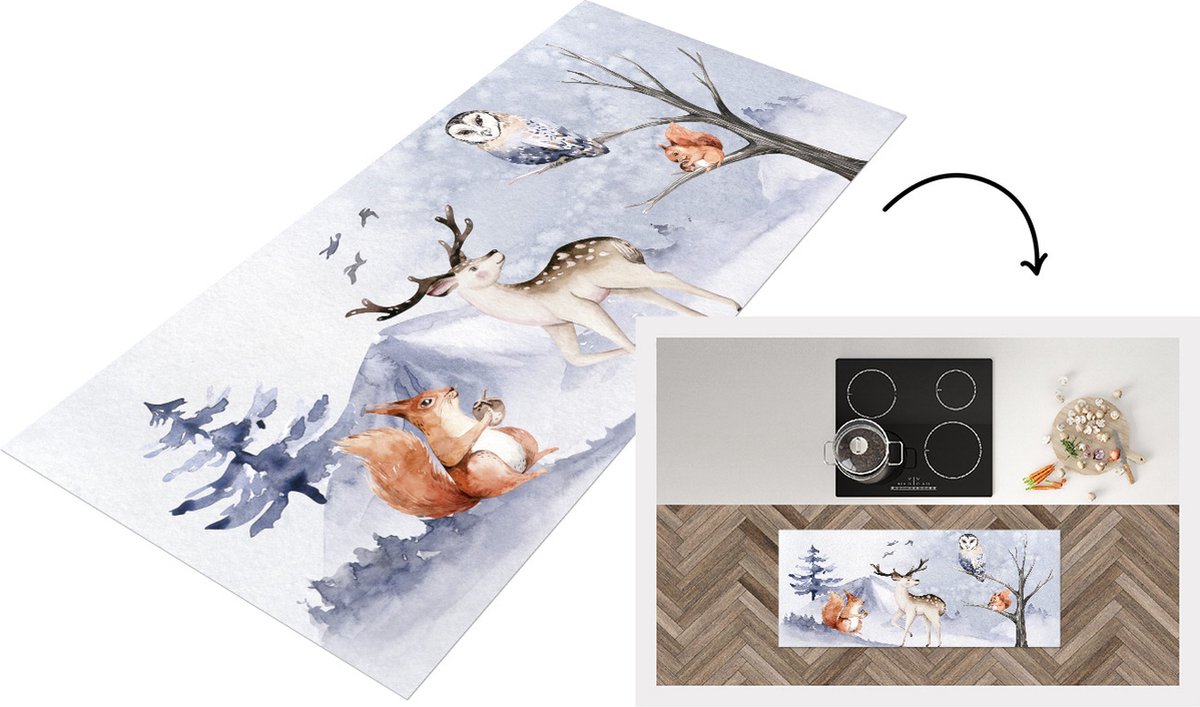 KitchenYeah Keukenloper - Loper keuken - Winter - Hert - Eekhoorn - 120x50 cm - Keukenloper vinyl Multicolor