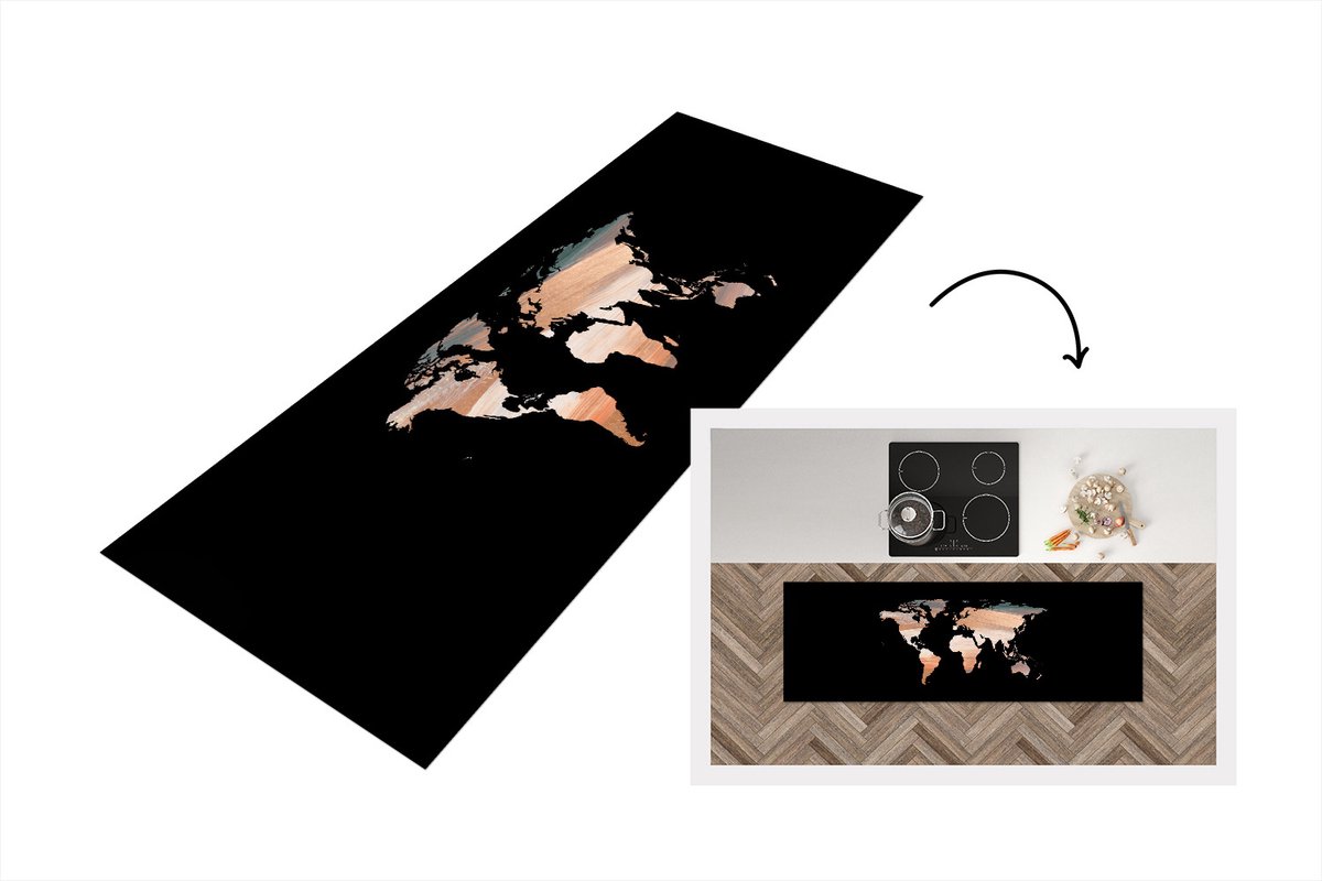 Keukenloper - Loper keuken - Wereldkaart - Verf - Zwart - 180x60 cm - Keukenloper vinyl