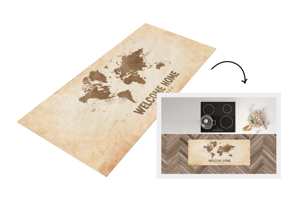 KitchenYeah Keukenloper - Loper keuken - Welkom Thuis - Bruin - Wereldkaart - 120x50 cm - Keukenloper vinyl Multicolor