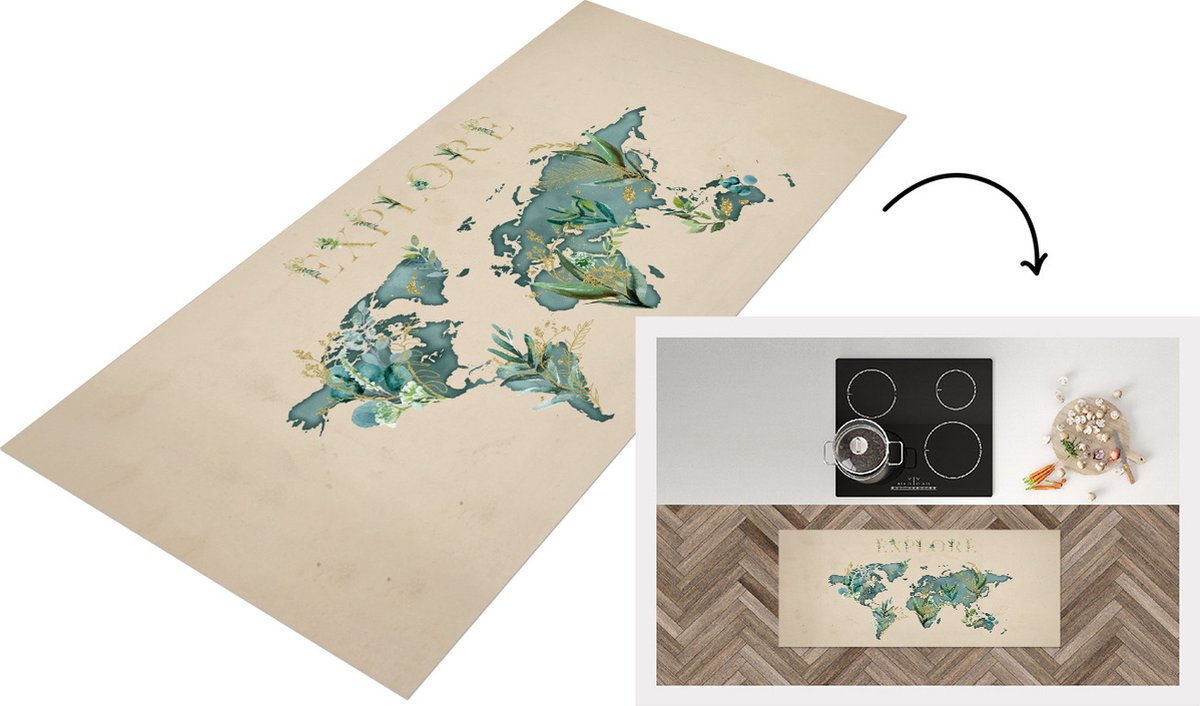 KitchenYeah Keukenloper - Loper keuken - Wereldkaart - Planten - Water - 120x50 cm - Keukenloper vinyl Multicolor