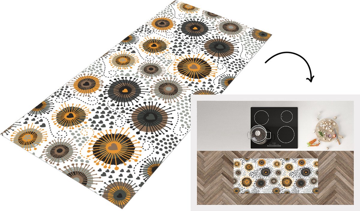 KitchenYeah Keukenloper - Loper keuken - Hart - Jaren 50 - Patroon - 120x50 cm - Keukenloper vinyl Multicolor