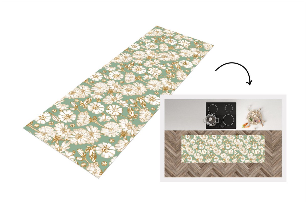 KitchenYeah Keukenloper - Loper keuken - Bloem - Art nouveau - Design - 180x60 cm - Keukenloper vinyl Multicolor