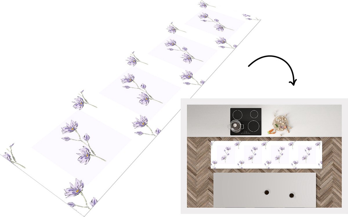 KitchenYeah Keukenloper - Loper keuken - Bloemen - Paars - Lente - Patronen - 240x60 cm - Keukenloper vinyl Multicolor