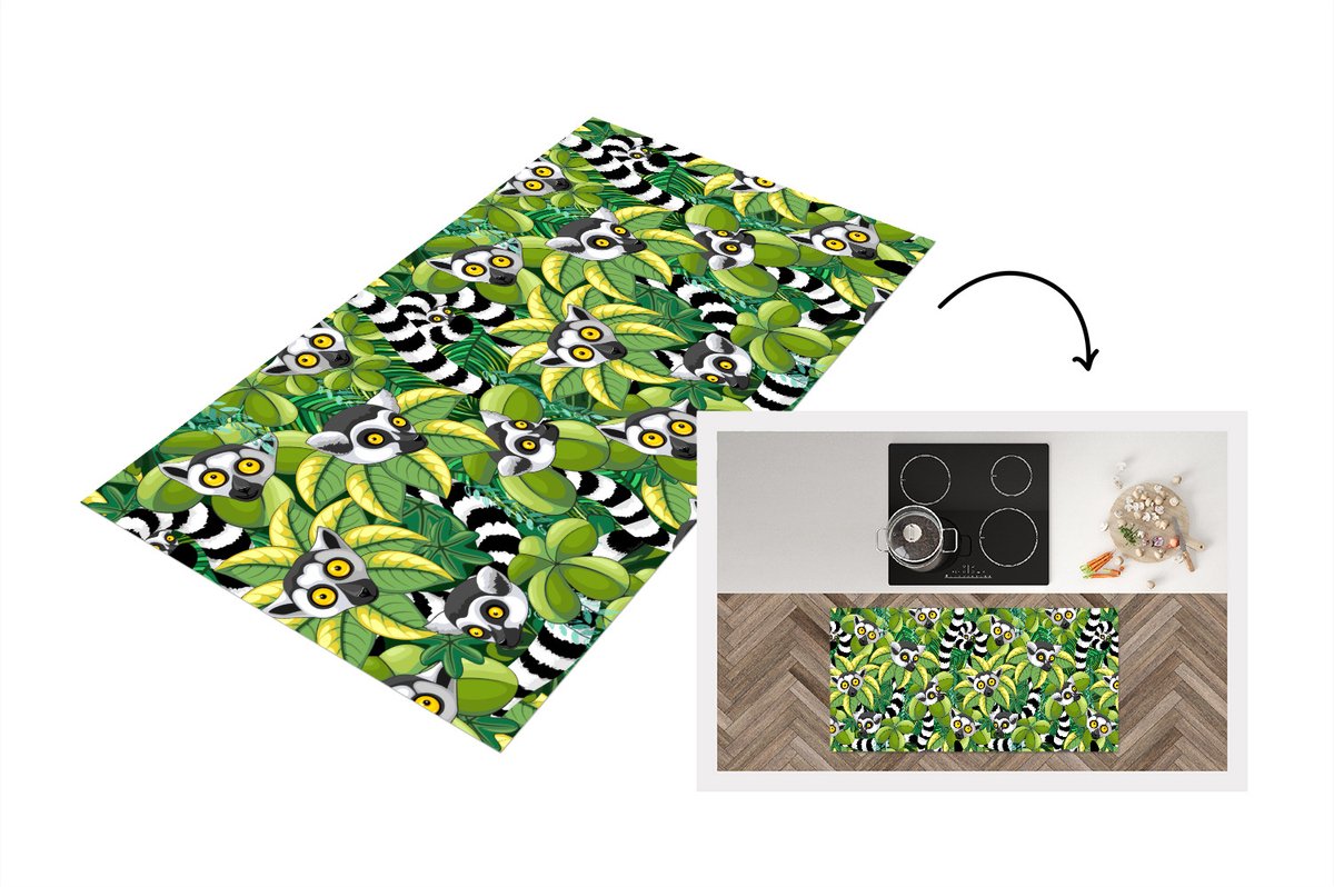 KitchenYeah Keukenloper - Loper keuken - Patroon - Jungle - Ringstaartmaki - 120x60 cm - Keukenloper vinyl Multicolor