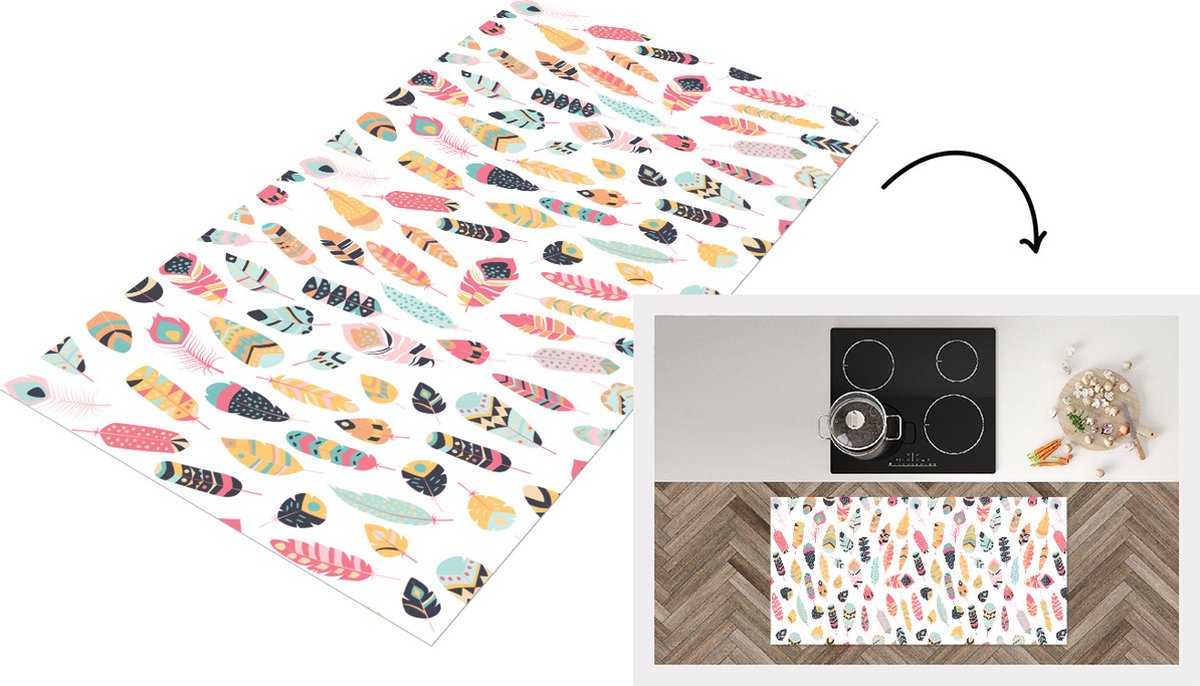 KitchenYeah Keukenloper - Loper keuken - Veren - Pluimen - Patronen - Pastel - 120x60 cm - Keukenloper vinyl Multicolor