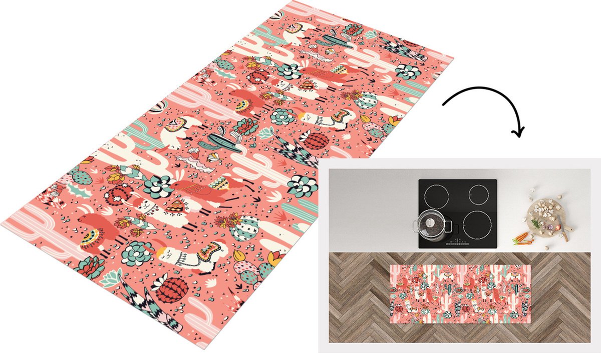 KitchenYeah Keukenloper - Loper keuken - Patroon - Jungle - Lama - 120x50 cm - Keukenloper vinyl Multicolor