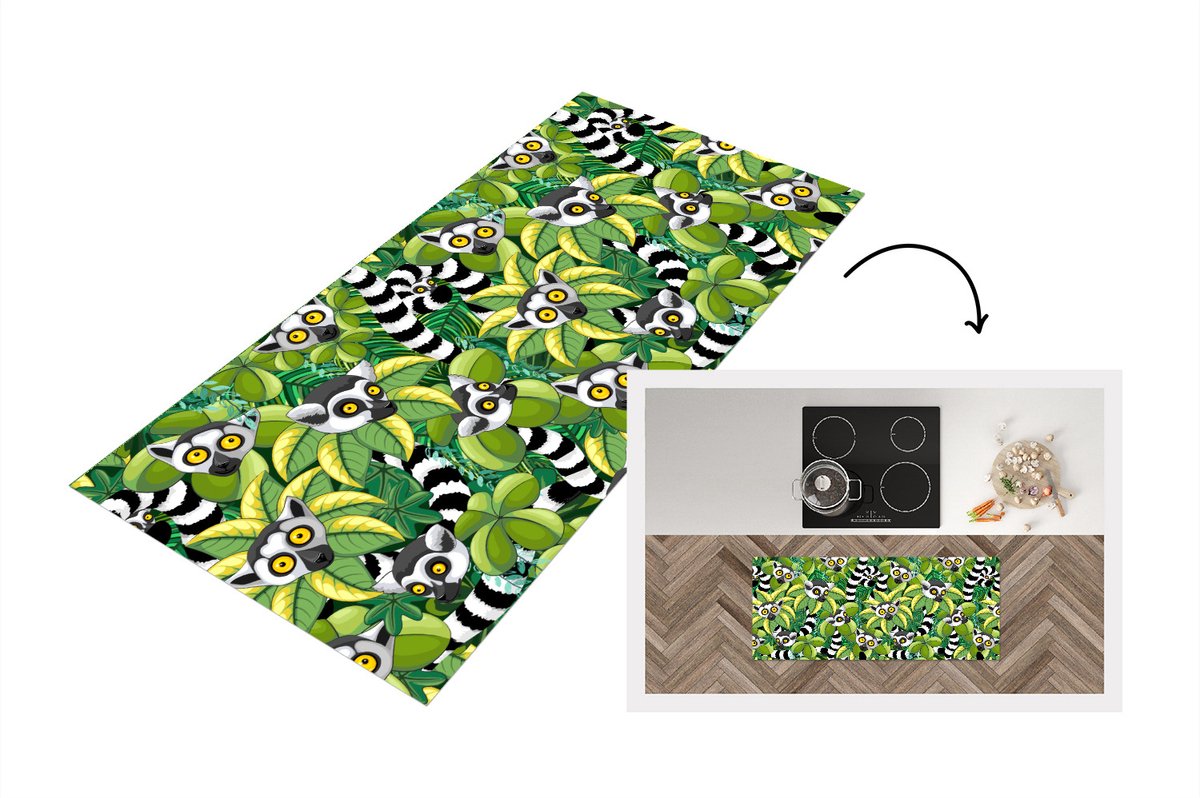 KitchenYeah Keukenloper - Loper keuken - Patroon - Jungle - Ringstaartmaki - 120x50 cm - Keukenloper vinyl Multicolor