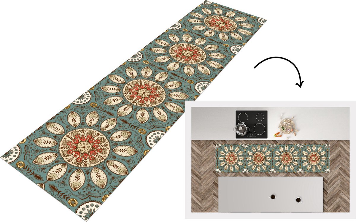 KitchenYeah Keukenloper - Loper keuken - Mandala - Retro - Bohemian - Patroon - 240x60 cm - Keukenloper vinyl Multicolor