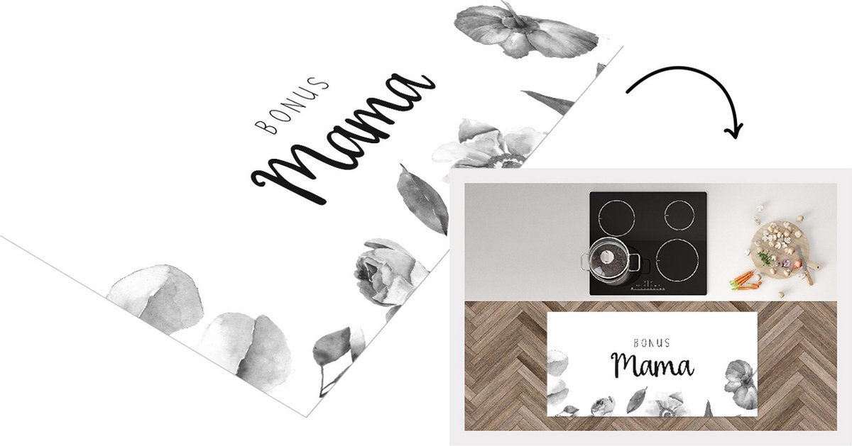 KitchenYeah Keukenloper - Loper keuken - Spreuken - Quotes Bonus Mama - Moederdag - Moeder - Bloemen - Cadeau - zwart wit - 120x60 cm - Keukenloper vinyl