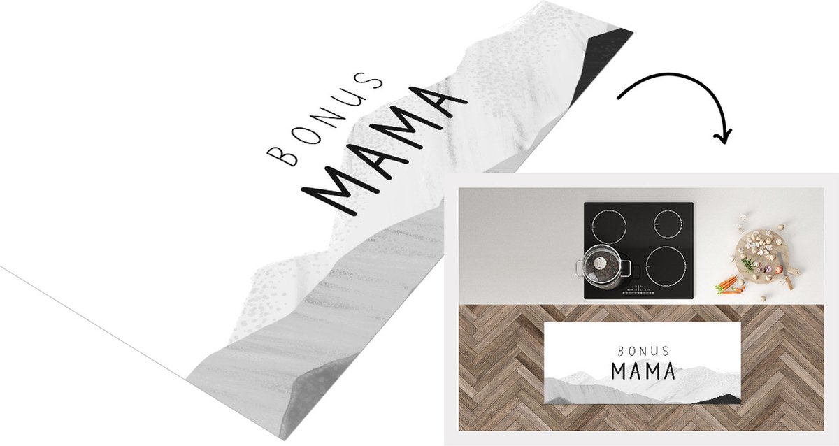 KitchenYeah Keukenloper - Loper keuken - Spreuken - Quotes Bonus Mama - Stiefmoeder - Moeder - Moederdag cadeautje - zwart wit - 120x50 cm - Keukenloper vinyl Zwart; Wit